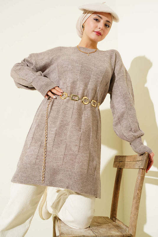 Crew Neck Soft Side Slit Knitwear Tunic Mink