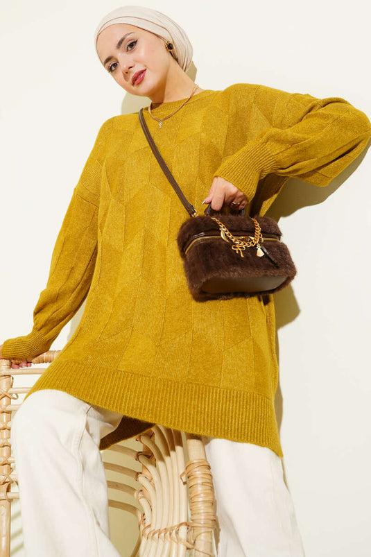 Crew Neck Soft Side Slit Knit Tunic Oil Green