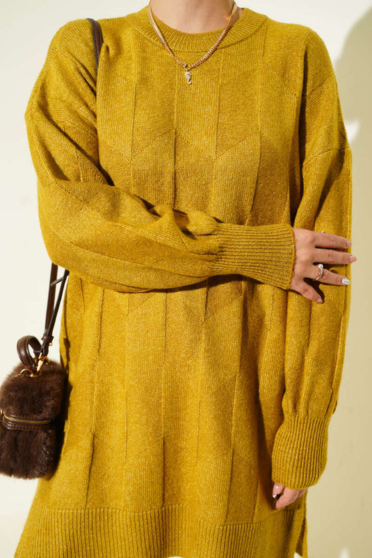 Crew Neck Soft Side Slit Knit Tunic Oil Green