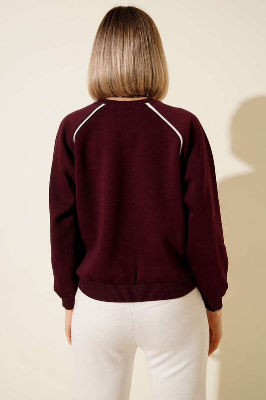 سويت شيرت بثلاثة خيوط مع تفاصيل حواف، لون برقوقي