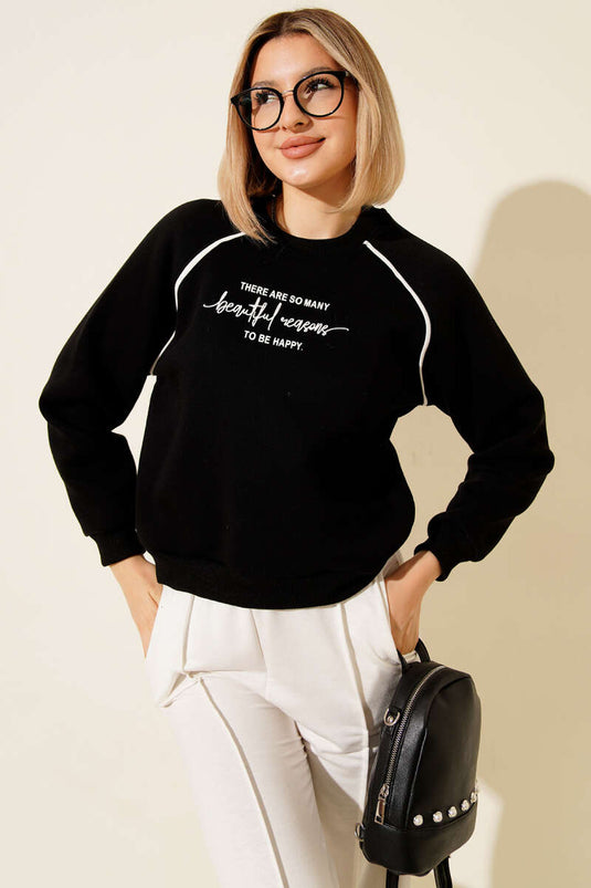 سويت شيرت بثلاثة خيوط مع طباعة بتفاصيل حواف، أسود