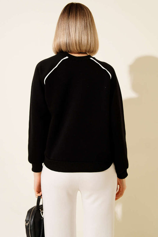 سويت شيرت بثلاثة خيوط مع طباعة بتفاصيل حواف، أسود