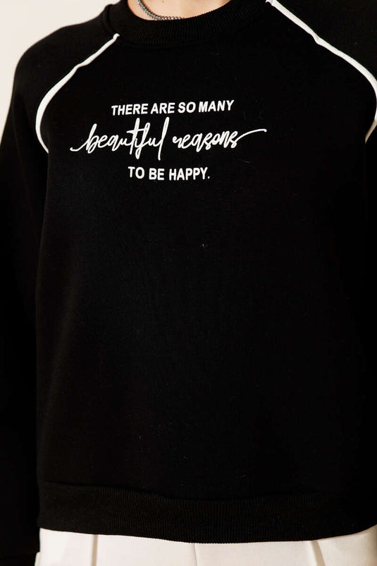 سويت شيرت بثلاثة خيوط مع طباعة بتفاصيل حواف، أسود