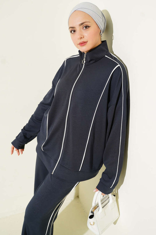 Two-Piece Set with Braid Detail and Zippered Jacket Slate Gray