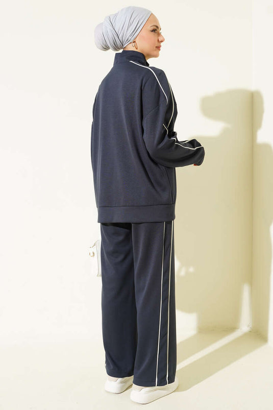 Two-Piece Set with Braid Detail and Zippered Jacket Slate Gray
