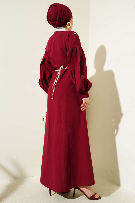 Poplin Dress with Piping Detail and Rose Belt, Burgundy