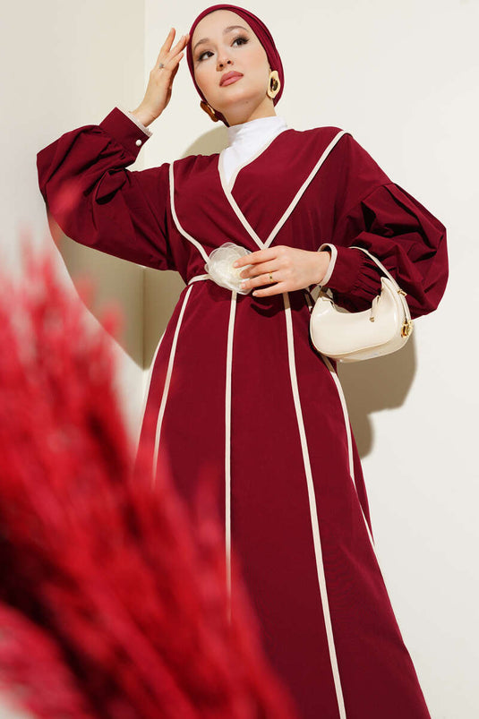 Poplin Dress with Piping Detail and Rose Belt, Burgundy