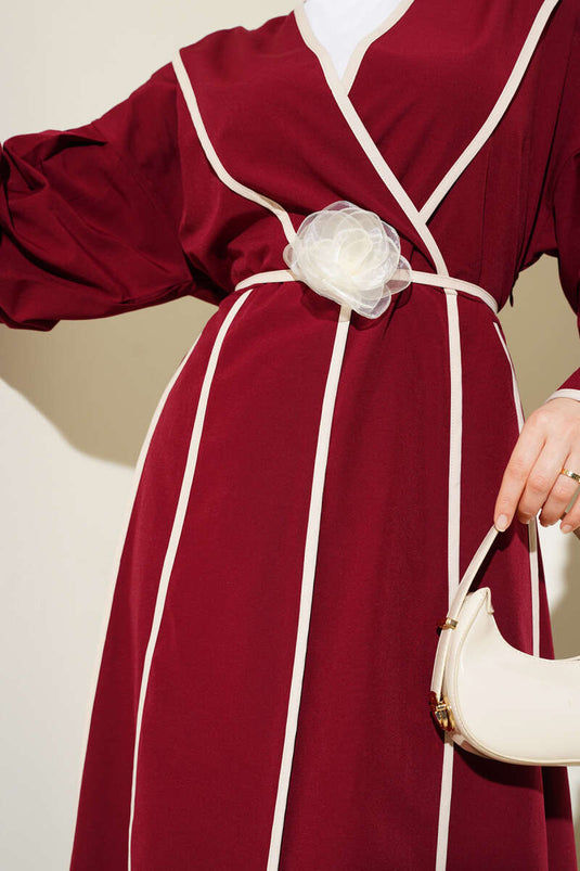 Poplin Dress with Piping Detail and Rose Belt, Burgundy