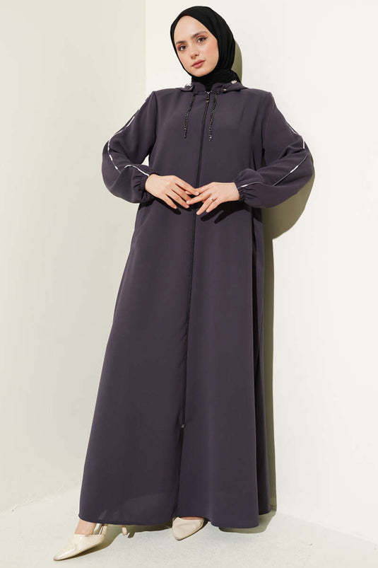 Biye Detaylı Kapüşonlu Büyük Beden Ferace Füme