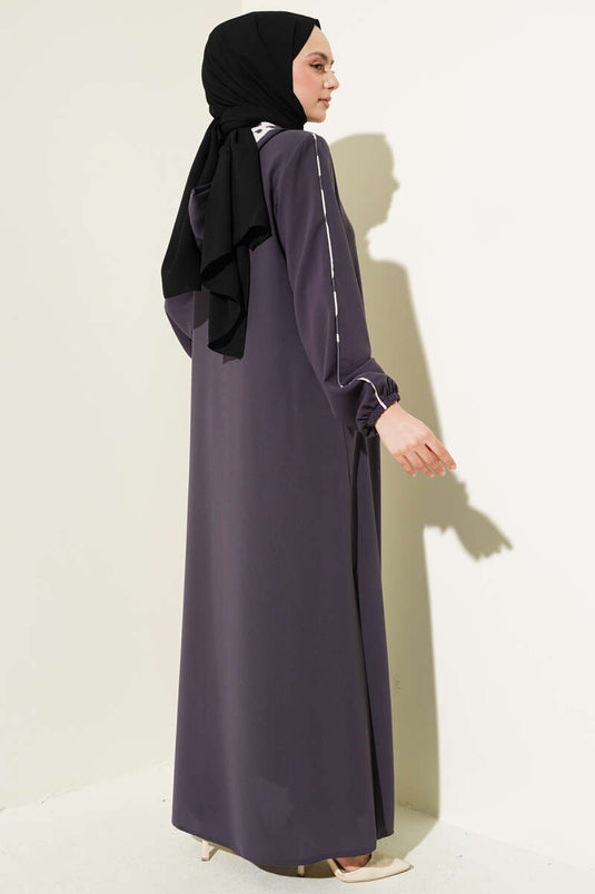 Piping Detailed Hooded Plus Size Abaya in Smoke