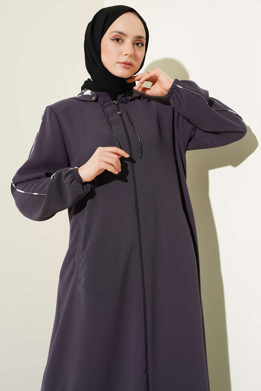 Piping Detailed Hooded Plus Size Abaya in Smoke