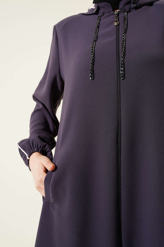 Biye Detaylı Kapüşonlu Büyük Beden Ferace Füme