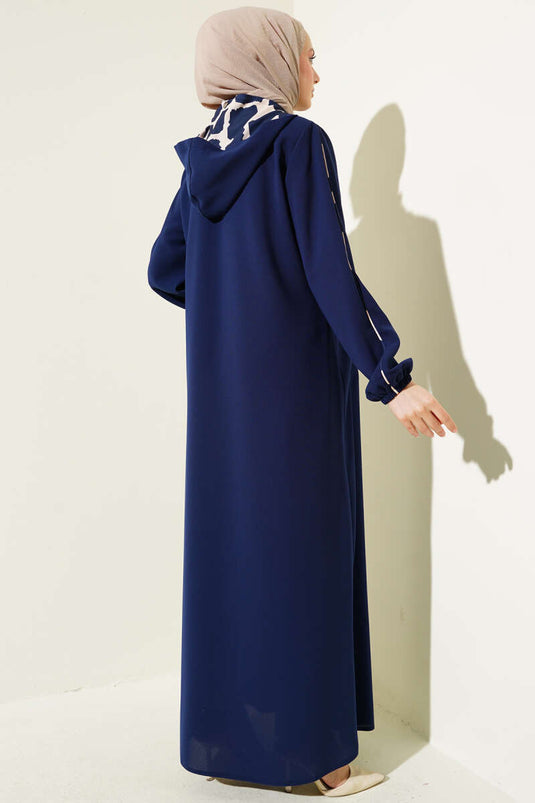 Biye Detaylı Kapüşonlu Büyük Beden Ferace Lacivert