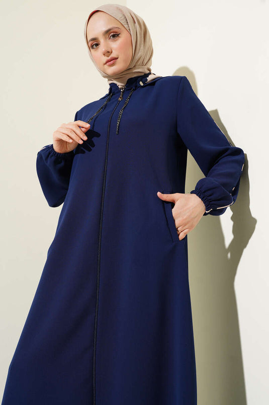 Biye Detaylı Kapüşonlu Büyük Beden Ferace Lacivert