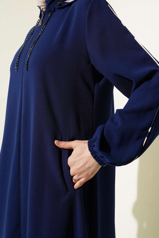 Biye Detaylı Kapüşonlu Büyük Beden Ferace Lacivert