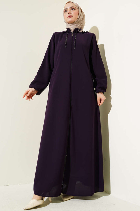 Abaya grande taille à capuche et détails passepoilés, violet