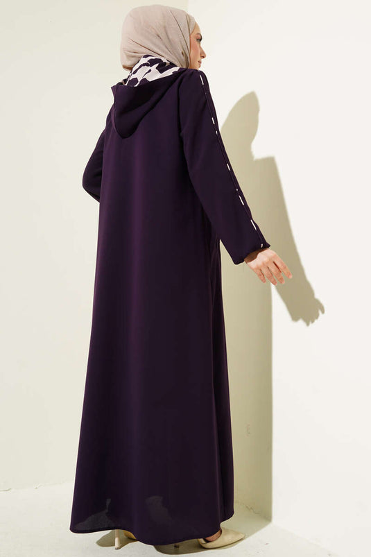 Biye Detaylı Kapüşonlu Büyük Beden Ferace Mor