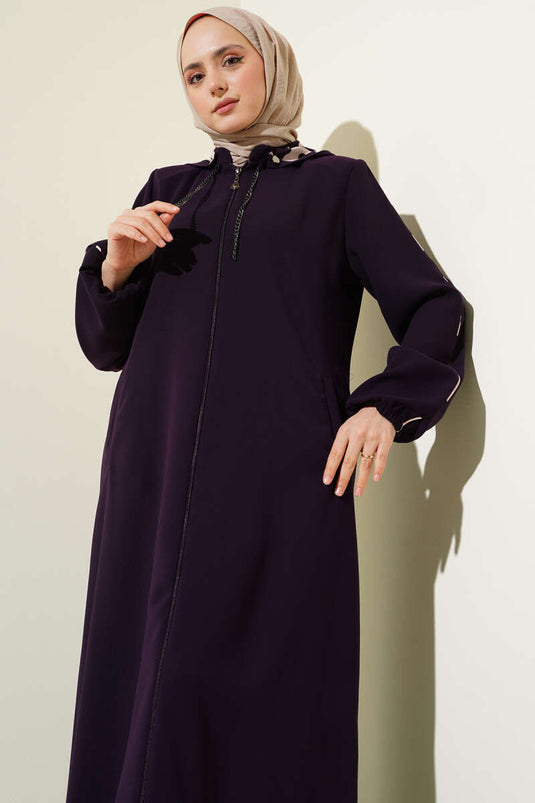 Biye Detaylı Kapüşonlu Büyük Beden Ferace Mor