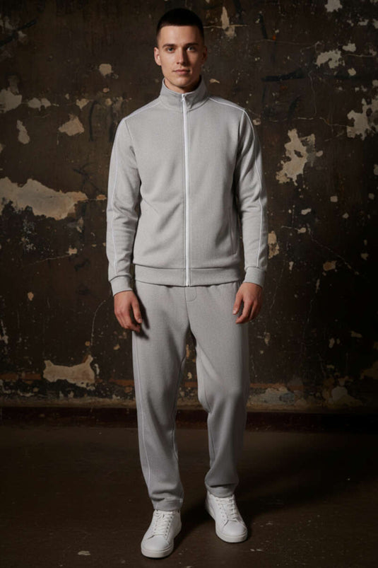 طقم بدلة رياضية رجالية بسحاب وشريط جانبي رمادي