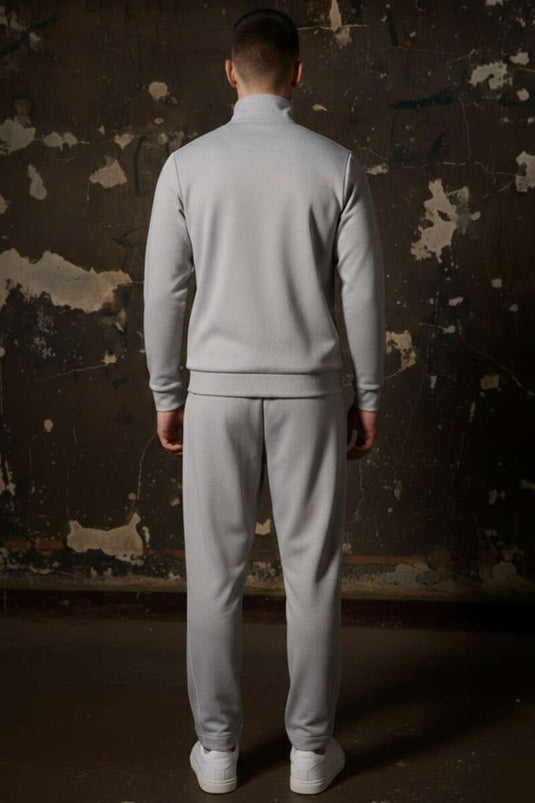 طقم بدلة رياضية رجالية بسحاب وشريط جانبي رمادي