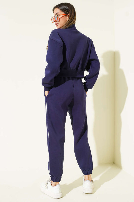 Biye Şeritli Hırkalı Üç İplik İkili Takım Lacivert