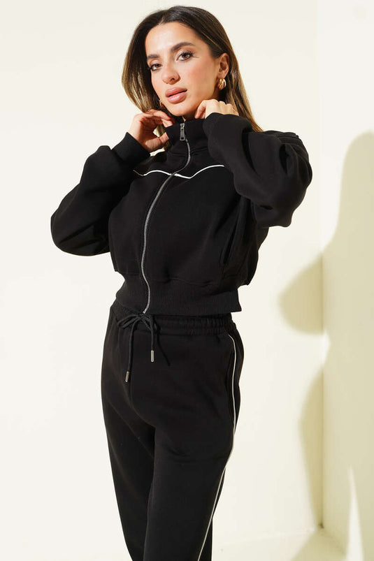 Biye Şeritli Hırkalı Üç İplik İkili Takım Siyah