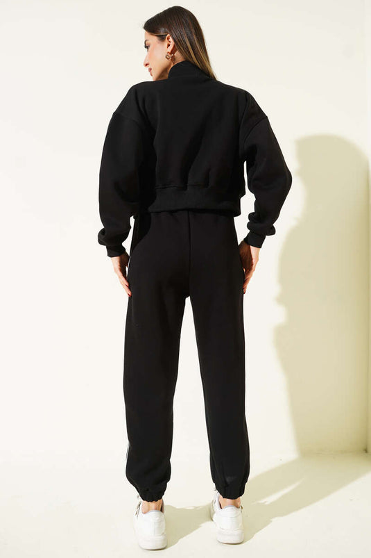 Biye Şeritli Hırkalı Üç İplik İkili Takım Siyah