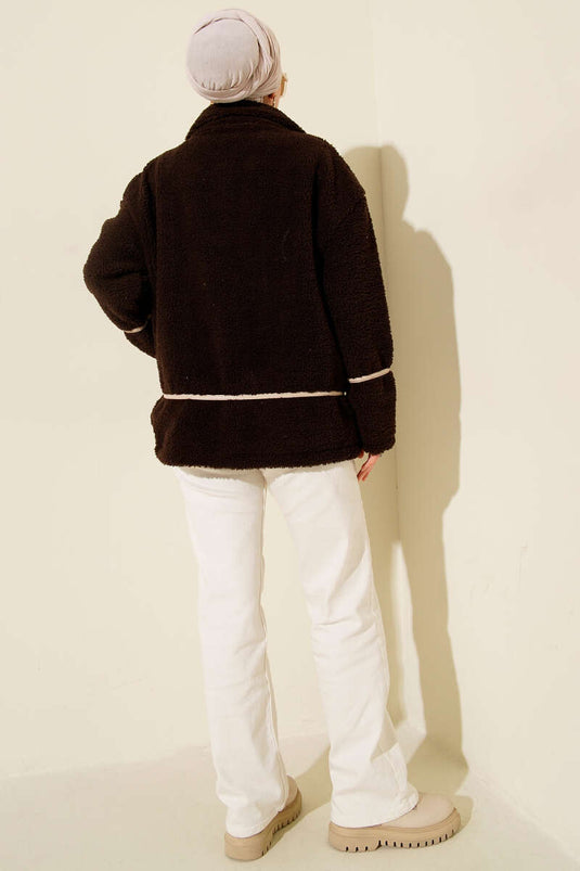 Biye Şeritli Peluş Mont Kahve