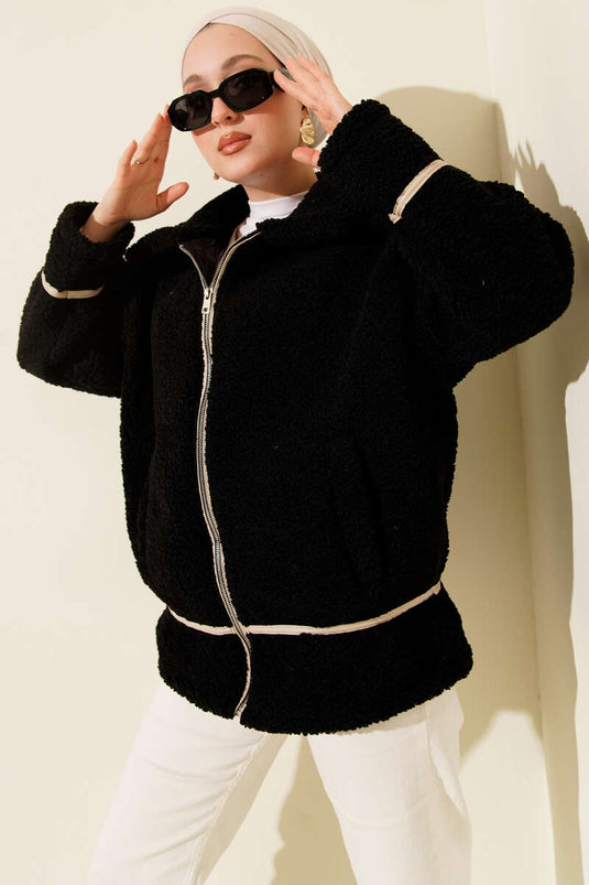 Plush Coat with Ribbon Trim Black