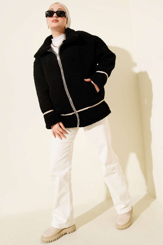 Biye Şeritli Peluş Mont Siyah