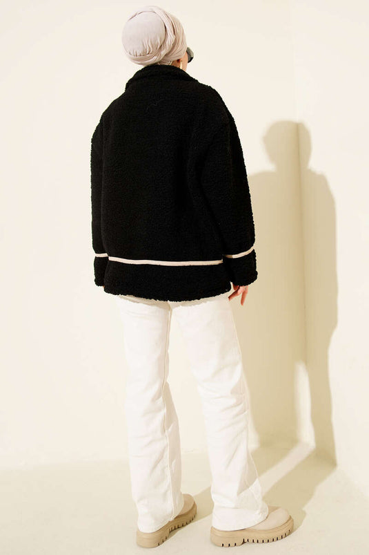 Biye Şeritli Peluş Mont Siyah