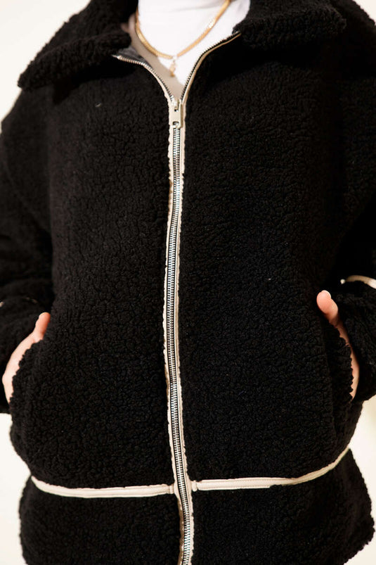 Plush Coat with Ribbon Trim Black