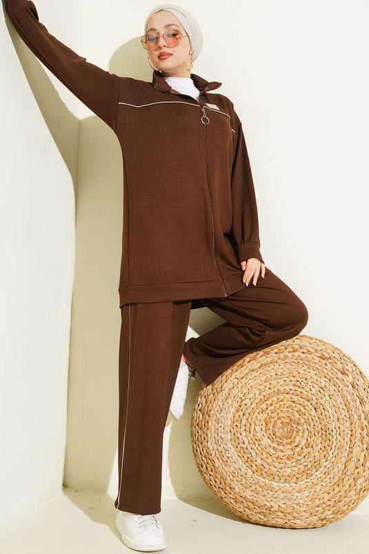 Ensemble double de serviettes à bordure brodée, couleur café