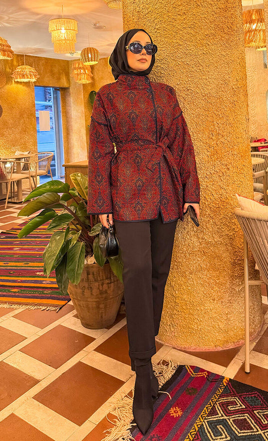 Belted Ethnic Pattern Quilted Jacket -11