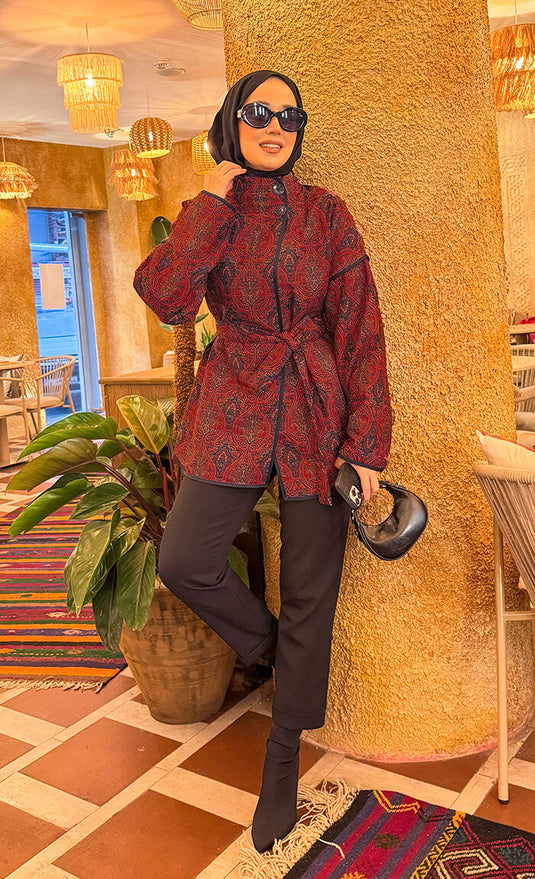 Belted Ethnic Pattern Quilted Jacket -11