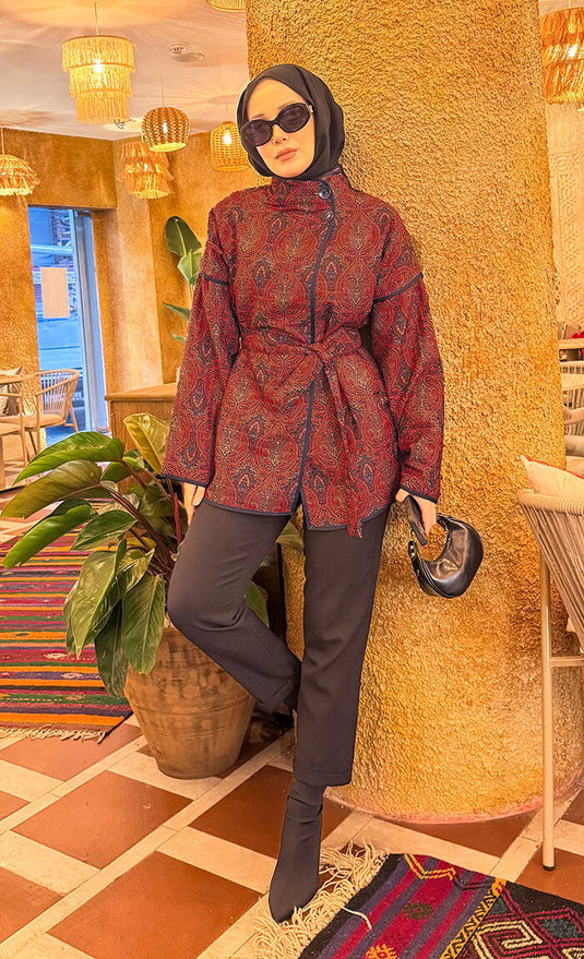 Belted Ethnic Pattern Quilted Jacket -11