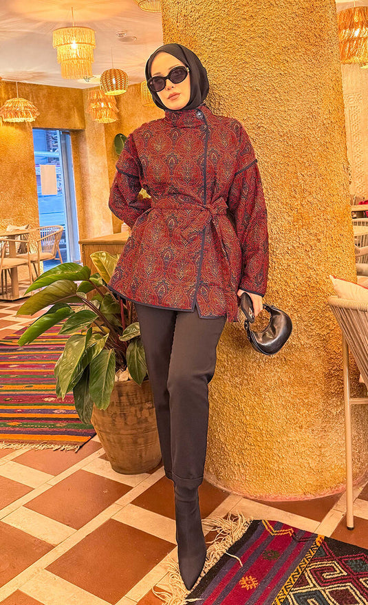 Belted Ethnic Pattern Quilted Jacket -11