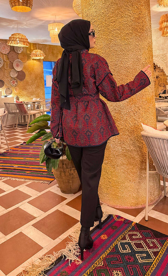 Belted Ethnic Pattern Quilted Jacket -11