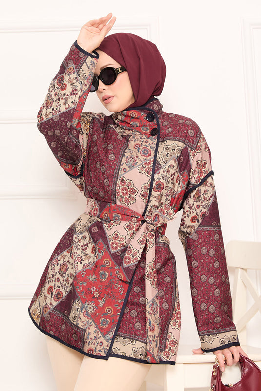 Biyeli Etnik Desen Kapitone Ceket -13