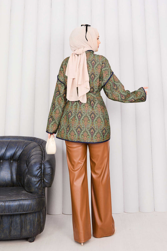 سترة مبطنة بنمط عرقي مع حواف -20