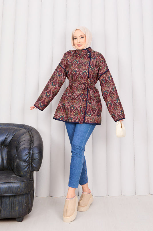 سترة مبطنة بنمط عرقي مع حواف -21