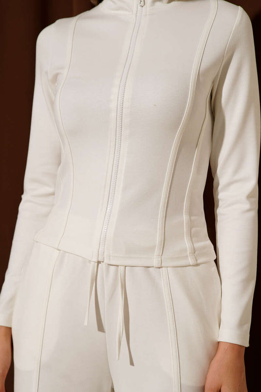 Loysa Two-Piece Set with Piped Zipper, Ecru