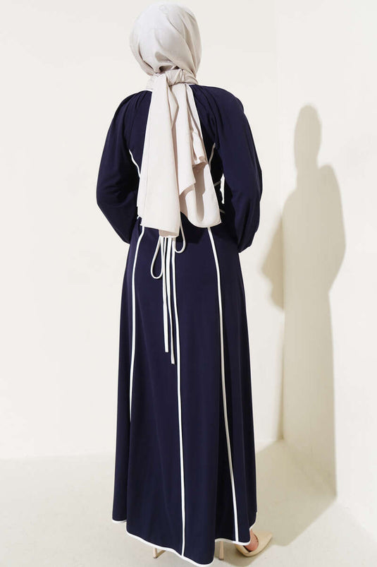 Navy Blue Dress with Belt and Self-Tie