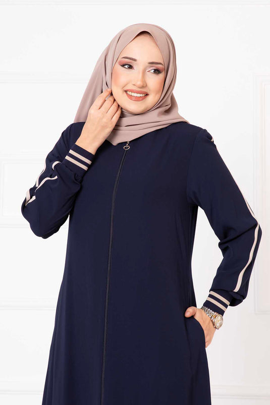 Navy Blue Ribbed Sleeve Abaya