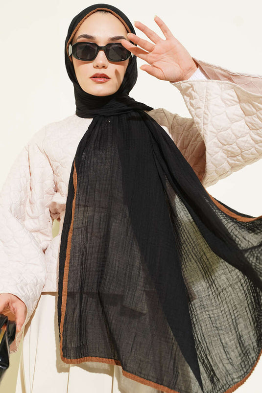 Biyeli Müslin Şal Siyah Camel