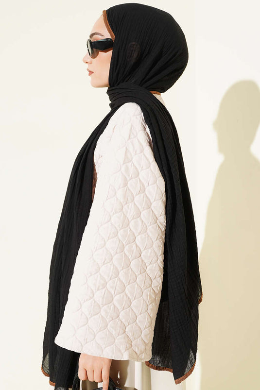 Biyeli Müslin Şal Siyah Camel