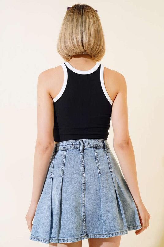 Black Crop with Embroidered Front and Ribs