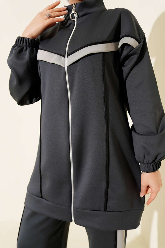 Scuba Two Piece Suit with Piping and Stripes, Smoke