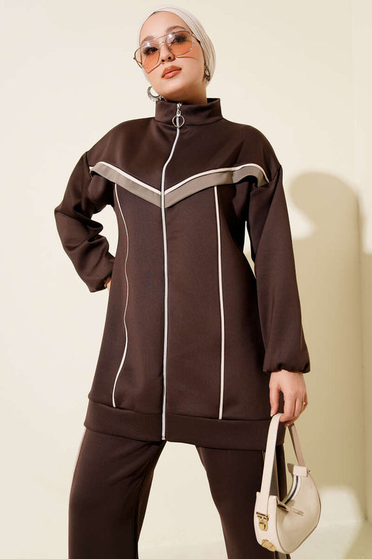 Zweiteiliger Taucheranzug mit Paspelierung und Streifenmuster, Braun