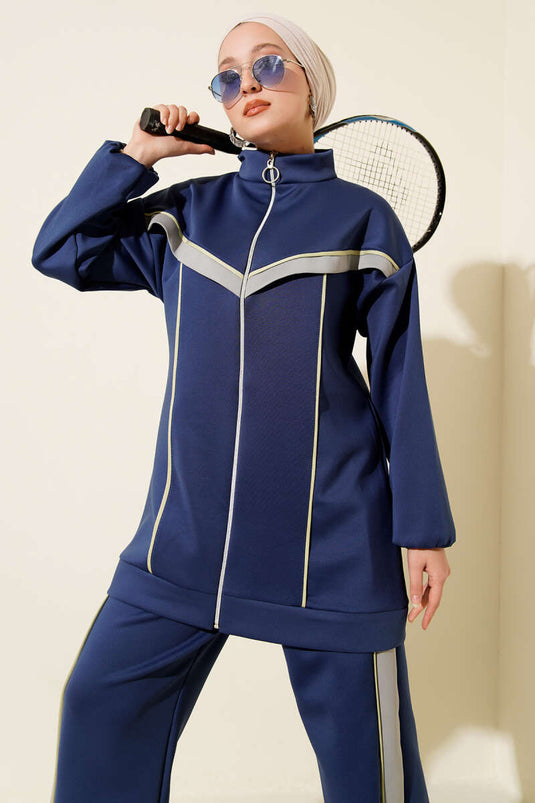 بدلة غوص من قطعتين مع حواف وخطوط - أزرق داكن